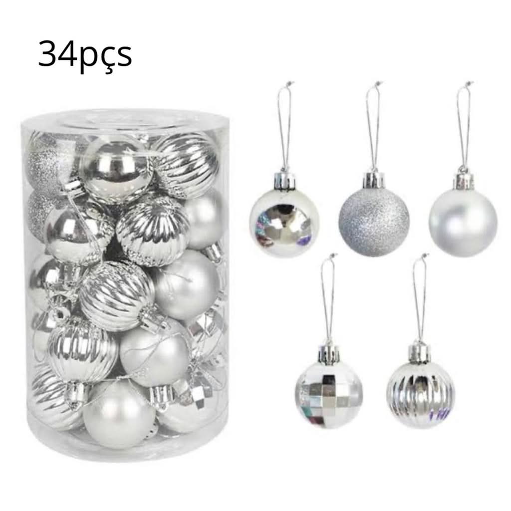 34 Mixed Silver Christmas Balls w/ Glitter 6cm